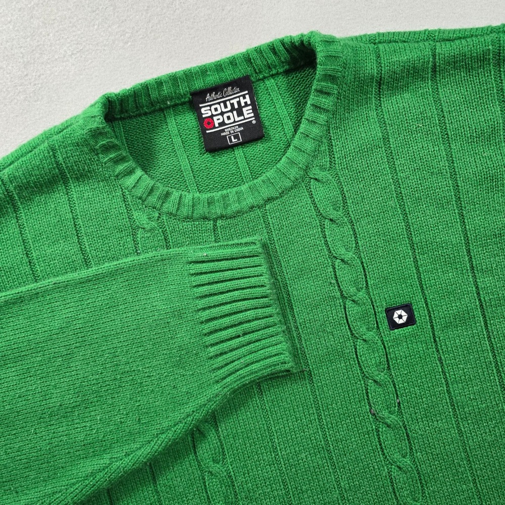Southpole Mens Large Green Sweater Crewneck Cable Knit Ribbed Logo Streetwear
